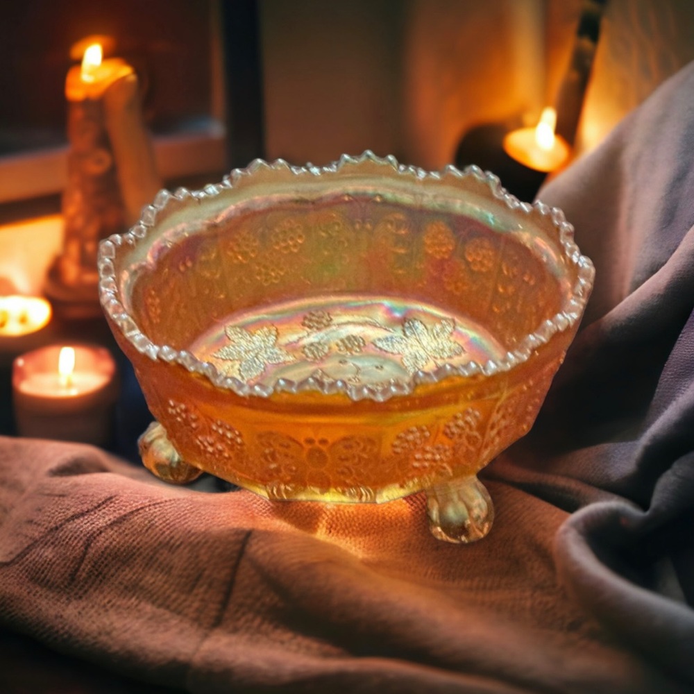 Vintage Fenton Carnival Glass "Butterfly And Berry" Footed Bowl